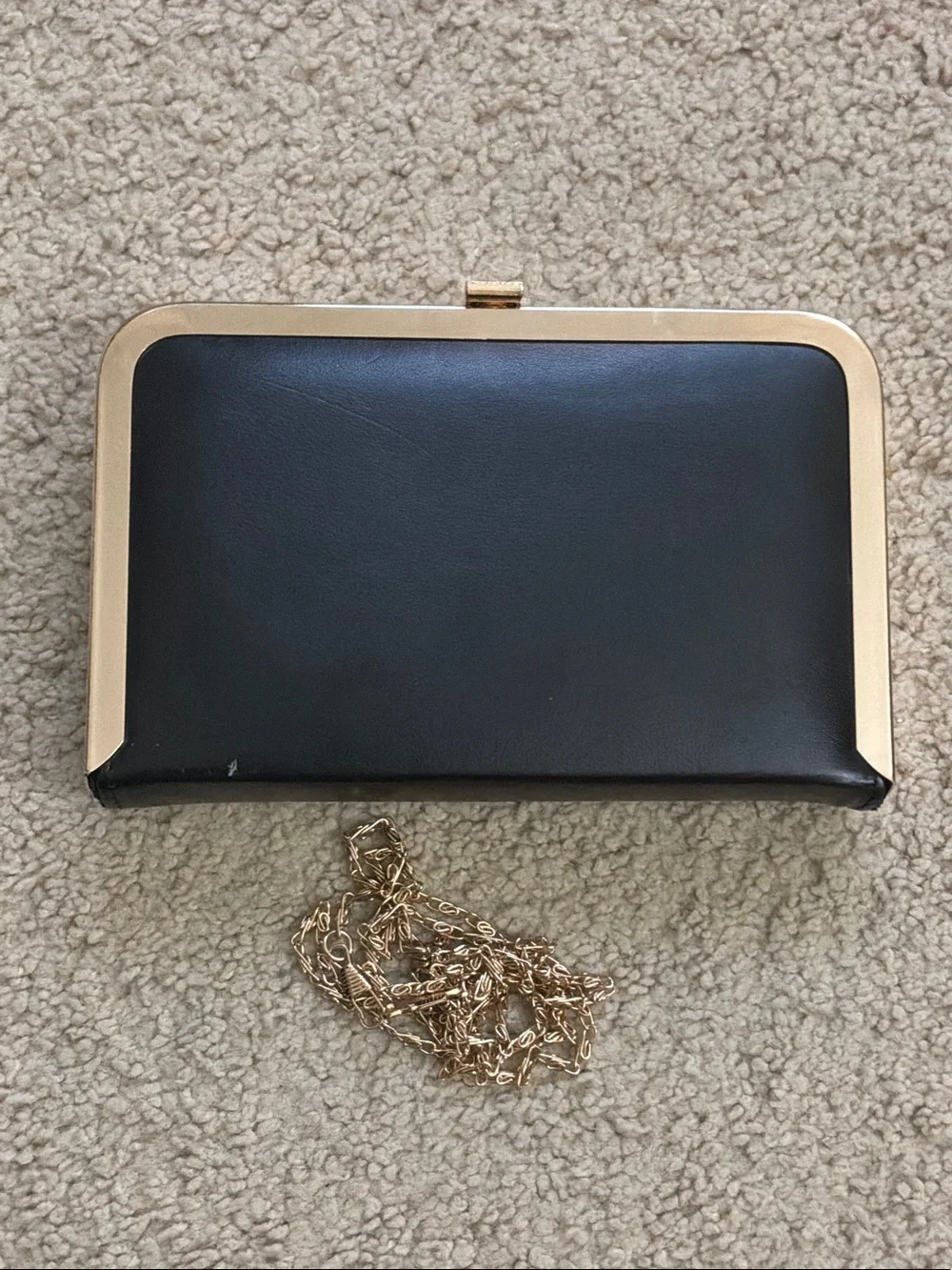 Classic Black Leather Frame Clutch with Gold Trim